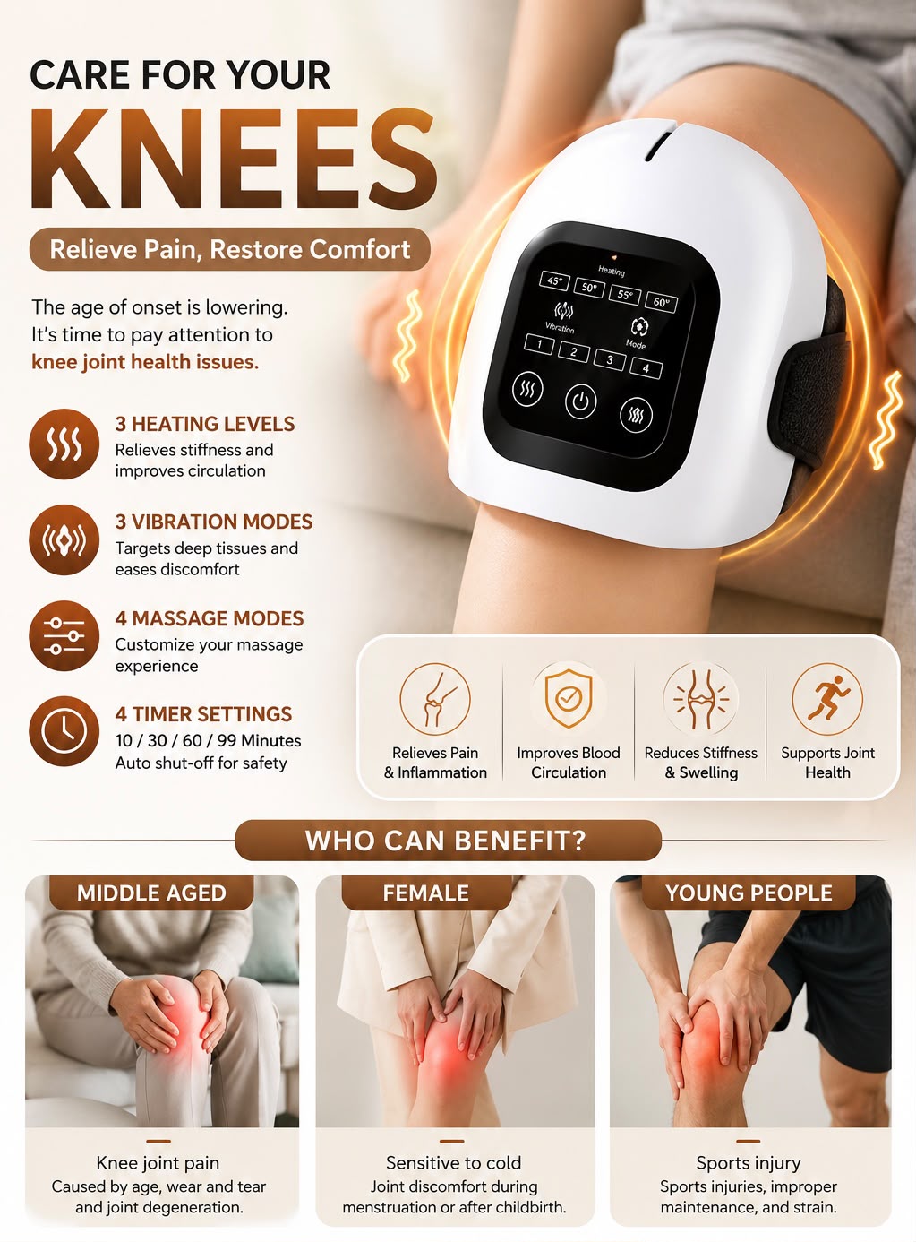 360° Heated Knee Massager – 3 Heat Levels, 4 Vibration Modes, Cordless &amp; Rechargeable