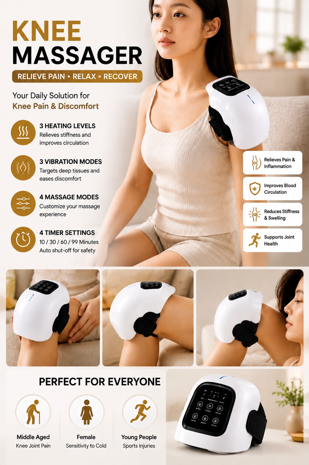 360° Heated Knee Massager – 3 Heat Levels, 4 Vibration Modes, Cordless &amp; Rechargeable